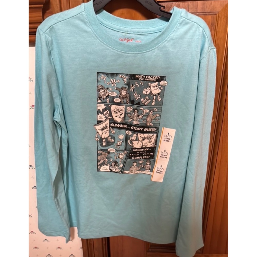 Cat & Jack Boys Light Blue Math Packet Comic Graphic Long Sleeve Tee Shirt S 6/7
